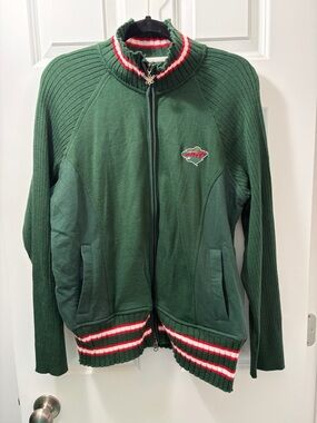 Women's Green Full-Zip Minnesota Wild Ribbed Cardigan with Stripe Trim